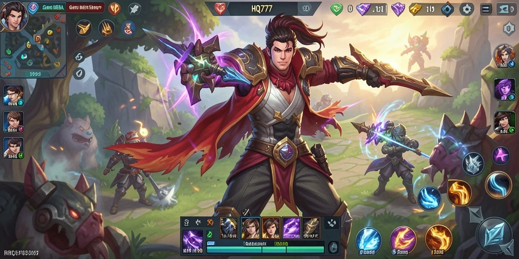 Tampilan gameplay seru dan dinamis HQ777 dalam aksi MOBA.