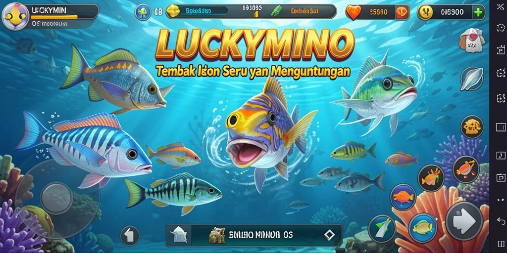 Screenshot LUCKYMINO menampilkan aksi seru menembak ikan.
