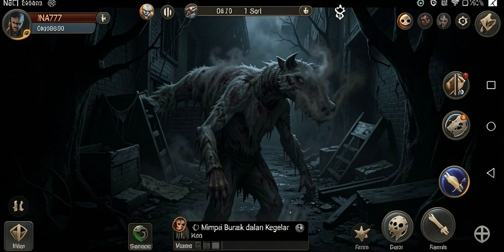 Screenshot menunjukkan karakter utama menghadapi hantu menyeramkan di ruangan gelap.